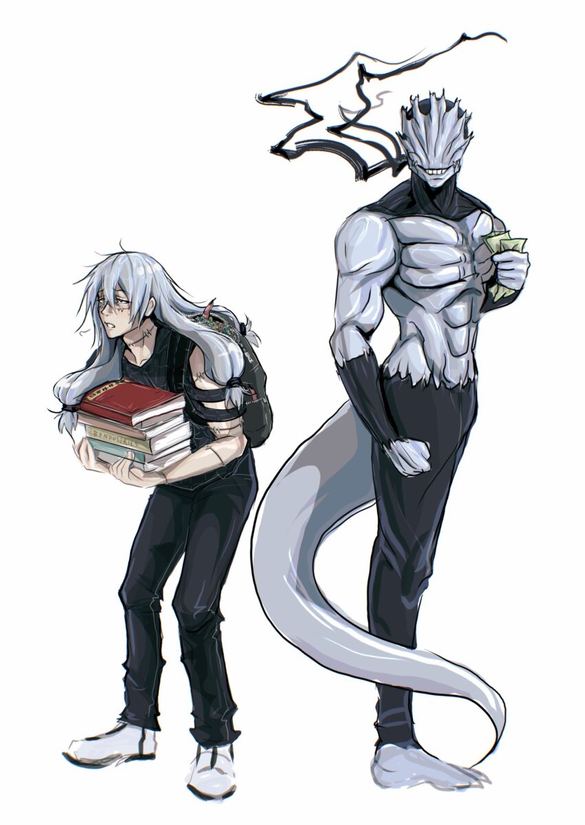 2boys, abs, alternate_form, armor, artist_name, backpack, bag, banknote, blue_hair, bondustries, book, book_stack, carrying, clothing_cutout, don't_worry_baby_he's_just_a_nerd_(meme), full_body, grin, heterochromia, highres, holding, holding_money, jujutsu_kaisen, long_hair, low-tied_long_hair, mahito_(instant_spirit_body_of_distorted_killing)_(jujutsu_kaisen), mahito_(jujutsu_kaisen), male_focus, meme, messy_hair, money, multiple_boys, no_eyes, pants, severed_finger, shoes, shoulder_cutout, simple_background, smile, standing, stitched_arm, stitched_face, stitched_neck, stitches, tail, tendril, transfigured_human_(jujutsu_kaisen), white_background, white_shoes