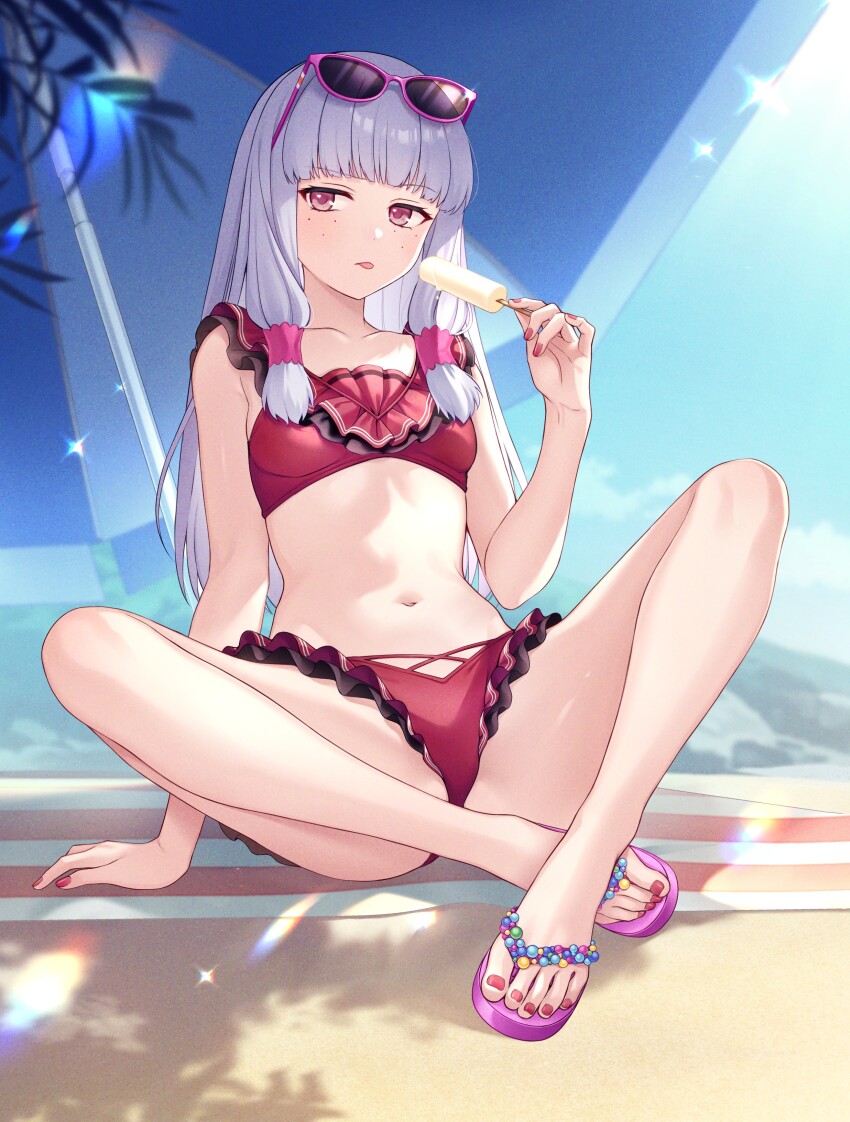 1girl, absurdres, agria_(midsummer_girl)_(tales), agria_(tales), beach_umbrella, bikini, blunt_bangs, commission, e_(eokiba), feet, flip-flops, food, freckles, frills, hair_rings, highres, holding, holding_food, holding_popsicle, long_hair, low-tied_sidelocks, nail_polish, official_alternate_costume, outdoors, pink_sandals, popsicle, purple-framed_eyewear, purple_eyes, red_bikini, red_nails, sand, sandals, sidelocks, sitting, solo, sunglasses, swimsuit, tales_of_(series), tales_of_asteria, tales_of_the_rays, tales_of_xillia, tongue, tongue_out, umbrella, wariza, white_hair