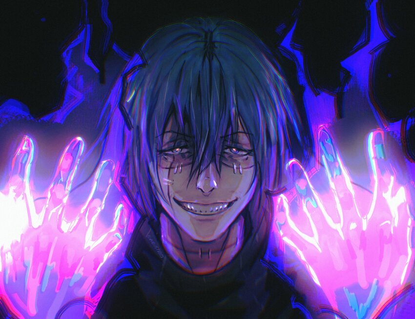 1boy, bondustries, bright_pupils, cursed_energy_(jujutsu_kaisen), energy, evil_grin, evil_smile, glowing_hands, grin, hair_between_eyes, highres, jujutsu_kaisen, long_hair, mahito_(jujutsu_kaisen), male_focus, scene_reference, smile, solo, stitched_face, stitched_neck, stitches, teeth, upper_body