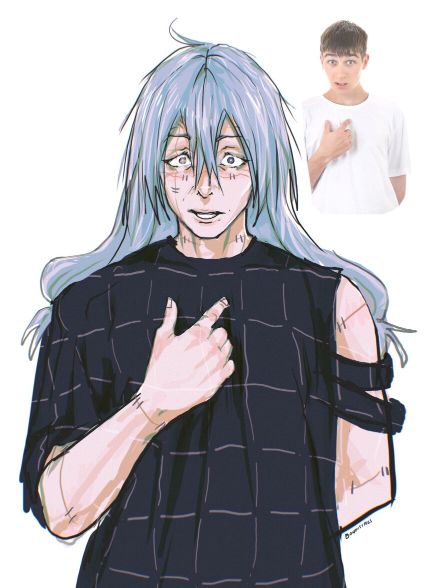 2boys, blue_hair, bondustries, hair_between_eyes, heterochromia, highres, jujutsu_kaisen, long_hair