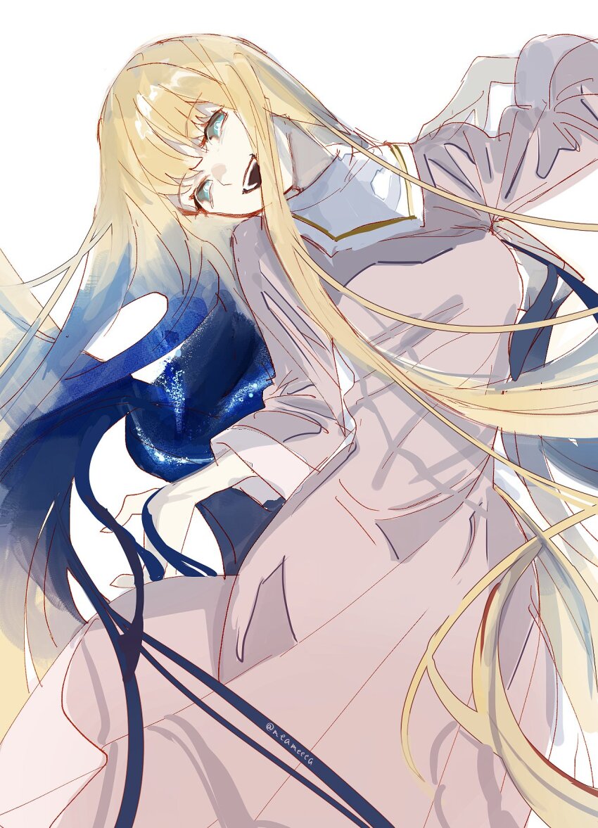 1girl, blonde_hair, blue_eyes, commentary, coronzon_(toaru), gradient_hair, guimpe, head_tilt