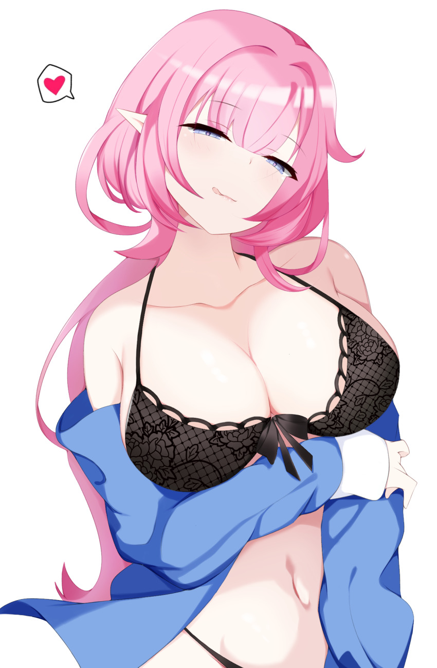 1girl, black_bra, black_panties, blue_eyes, blue_shirt, bra, breasts, cleavage