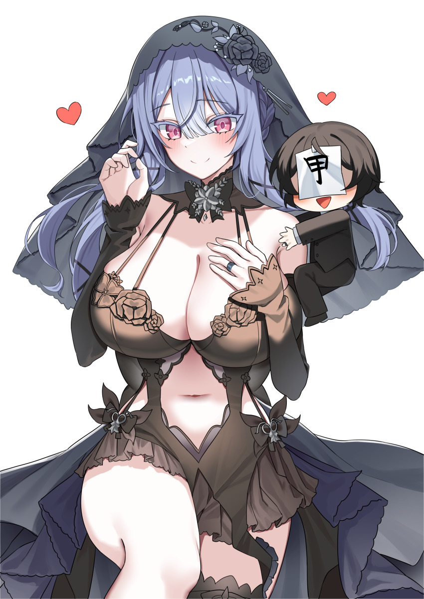 1boy, 1girl, absurdres, administrator_(counter:side), black_dress, black_flower, black_veil, blush