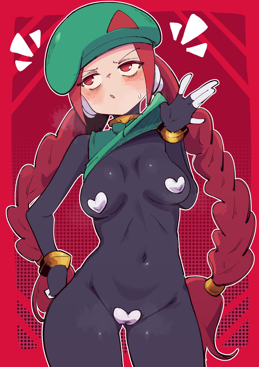 1girl, absurdres, black_bodysuit, blush, bodysuit, braid, breasts, breath, buzzlyears, clothes_lift, cowboy_shot, green_hat, hat, heart_maebari, heart_pasties, highres, long_hair, maebari, medium_breasts, mega_man_(series), mega_man_zero_(series), pasties, red_background, red_eyes, red_hair, robot_ears, shirt_lift, simple_background, solo, twin_braids, unnamed_female_soldier_(mega_man_zero)