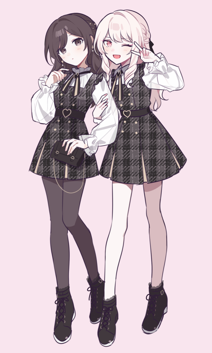 2girls, :d, akiyama_mizuki, ankle_boots, belt, belt_buckle, black_dress, black_ribbon, blouse, boots, braid, brooch, brown_belt, brown_boots, brown_eyes, brown_hair, brown_pantyhose, buckle, buttons, commentary_request, double-breasted, dress, earrings, fashion, french_girly, full_body, hair_ribbon, heart, heart-shaped_buckle, highres, jewelry, lace-up_boots, long_hair, long_sleeves, looking_at_viewer, multiple_girls, neck_ribbon, open_mouth, pantyhose, pearl_hair_ornament, pink_background, pink_eyes, pink_hair, pink_nails, plaid_clothes, plaid_dress, project_sekai, puffy_long_sleeves, puffy_sleeves, ribbon, shinonome_ena, shirt, sidelocks, simple_background, smile, unmoving_pattern, v, waka_(wk4444), white_shirt