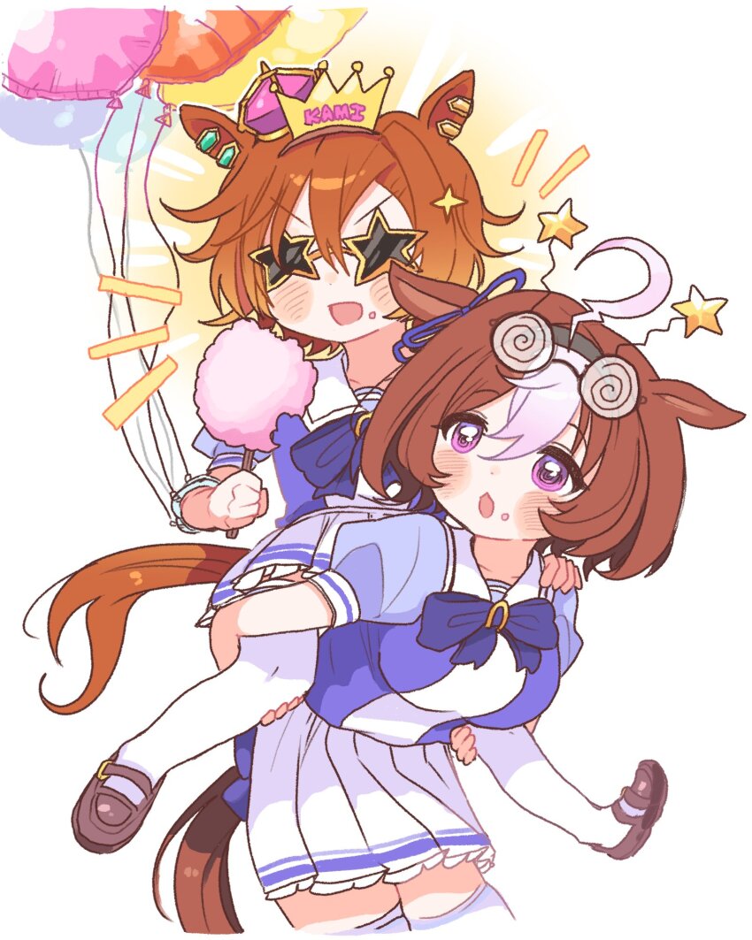 2girls, :3, ahoge, animal_ears, balloon, blush, carrying, commentary_request