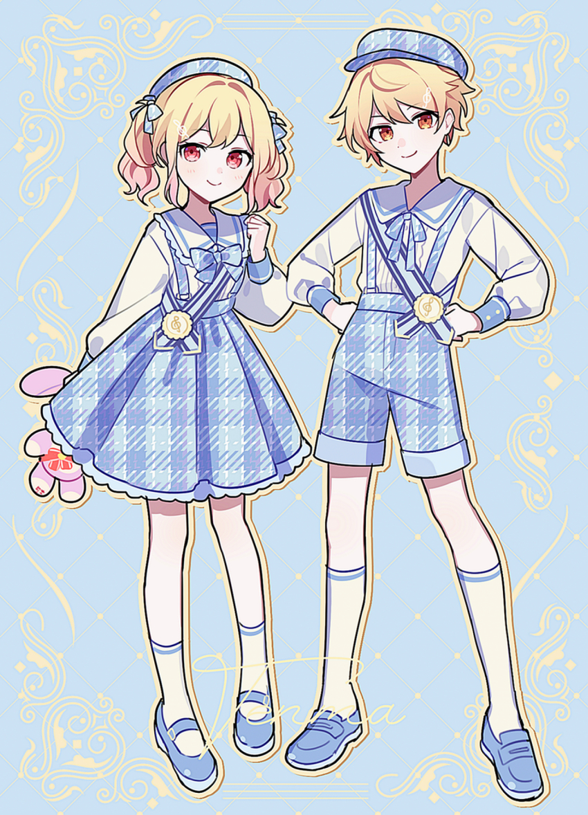 1boy, 1girl, aged_down, arm_at_side, beret, blonde_hair, blue_background, blue_bow