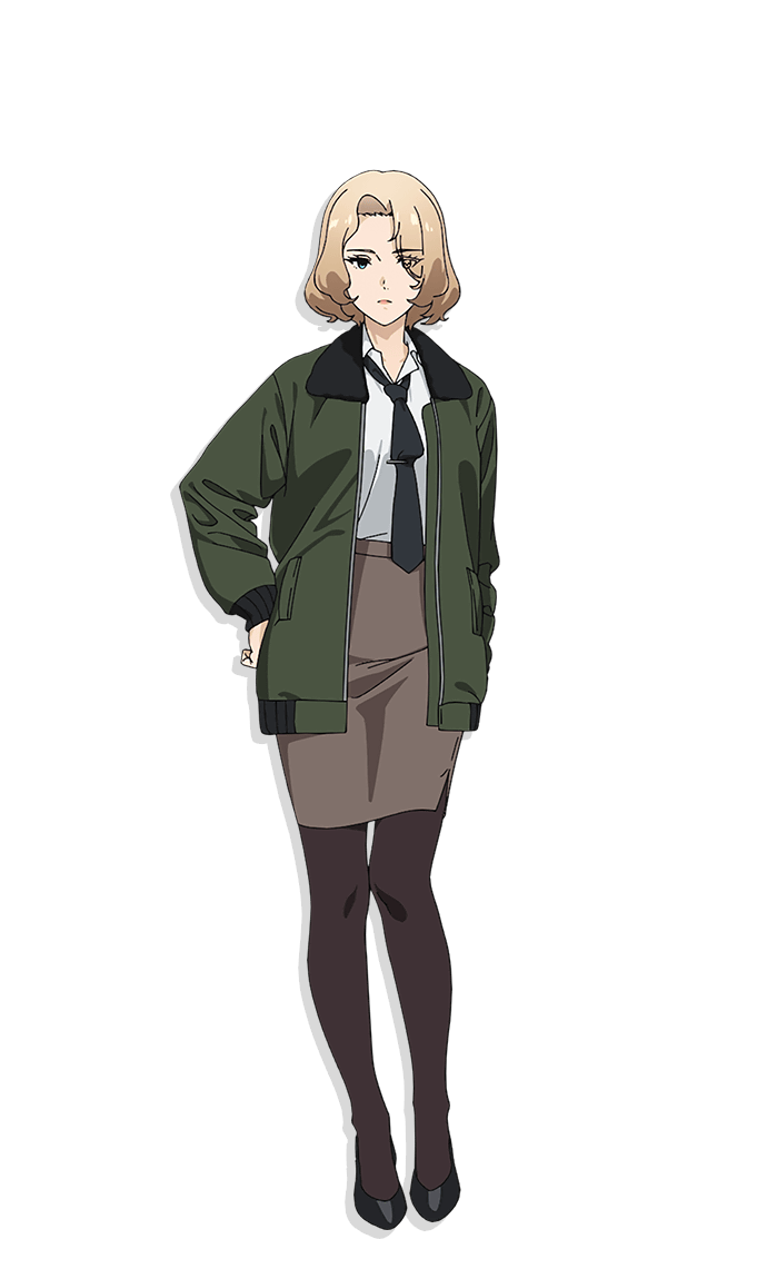 1girl, anime_coloring, black_necktie, black_shoes, blonde_hair, blue_eyes, breasts, brown_pantyhose