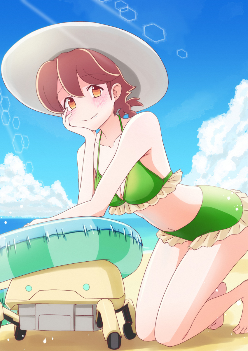 1girl, apocalypse_hotel, barefoot, beach, bikini, blush, braid, breasts, brown_eyes, brown_hair, cloud, day, flycatcher_robot, green_bikini, hand_on_own_cheek, hand_on_own_face, hat, highres, innertube, kneeling, looking_at_viewer, medium_breasts, navel, outdoors, robot, smile, sun_hat, swim_ring, swimsuit, ten_agune, yachiyo_(apocalypse_hotel)
