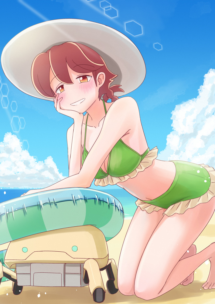1girl, apocalypse_hotel, barefoot, beach, bikini, blush, braid, breasts, brown_hair, cloud, day, flycatcher_robot, green_bikini, hand_on_own_cheek, hand_on_own_face, hat, highres, innertube, kneeling, medium_breasts, navel, outdoors, robot, smile, sun_hat, swim_ring, swimsuit, ten_agune, yachiyo_(apocalypse_hotel)