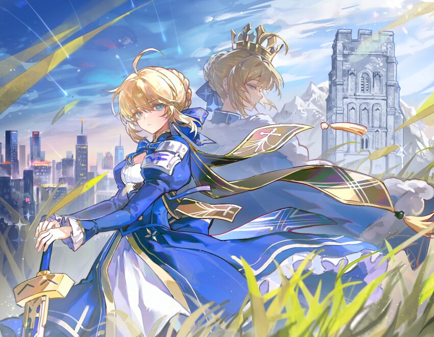 2girls, ahoge, aqua_eyes, art_relay, artist_collaboration, artoria_pendragon_(fate), back-to-back, bad_link, bad_xiaohongshu_link, blonde_hair, blue_bow, blue_bowtie, blue_dress, bow, bowtie, braid, breasts, building, bun_with_braided_base, cape, chinese_commentary, cleavage, commentary_request, crown, dengxin_xiao_rong, dress, dual_persona, excalibur_(fate/stay_night), fate/stay_night, fate_(series), fur-trimmed_cape, fur_trim, grass, hair_bow, hair_bun, hand_on_hilt, highres, honkai:_star_rail, honkai_(series), huan_zi_bu_cheng, jiemo_tuoxie, juliet_sleeves, long_sleeves, looking_at_viewer, making-of_available, mountain, multiple_girls, naichuan_ye, outdoors, puffy_sleeves, saber_(fate), saber_(honkai:_star_rail)_(fate), sky, unfinished, wangyou_paigutang, white_dress, yuesin