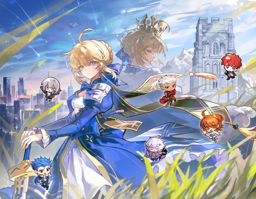 4boys, 4girls, ahoge, aqua_eyes, archer_(fate), art_relay, artist_collaboration, artoria_pendragon_(fate), b_ga_b_ga_b, back-to-back, bad_bilibili_link, bad_link, blonde_hair, blue_bow, blue_bowtie, blue_dress, bow, bowtie, braid, breasts, building, bun_with_braided_base, cape, chibi, chibi_inset, chinese_commentary, cleavage, commentary_request, crossover, crown, cu_chulainn_(fate), cu_chulainn_(lancer)_(fate), dengxin_xiao_rong, dress, dual_persona, excalibur_(fate/stay_night), fate/grand_order, fate/stay_night, fate_(series), fu_pian_ren, fujimaru_ritsuka_(female), fur-trimmed_cape, fur_trim, grass, hair_bow, hair_bun, hand_on_hilt, honkai:_star_rail, honkai_(series), huan_zi_bu_cheng, jiemo_tuoxie, juliet_sleeves, long_sleeves, looking_at_viewer, making-of_available, merlin_(fate), mountain, multiple_boys, multiple_girls, naichuan_ye, outdoors, puffy_sleeves, saber_(fate), saber_(honkai:_star_rail)_(fate), sky, trailblazer_(honkai:_star_rail), unfinished, wangyou_paigutang, white_dress, yuesin