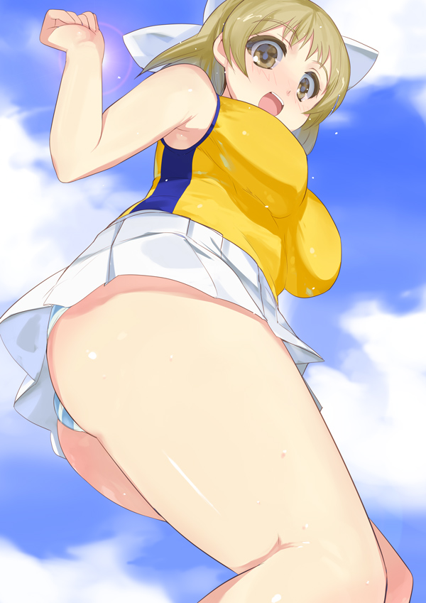 10s, 1girl, amatsuka_hotaru, ass, baby_princess, blush, breasts, brown_eyes, brown_hair, female_focus, kusaka_souji, large_breasts, miniskirt, open_mouth, panties, skirt, solo, striped_clothes, striped_panties, thighs, underwear, upskirt