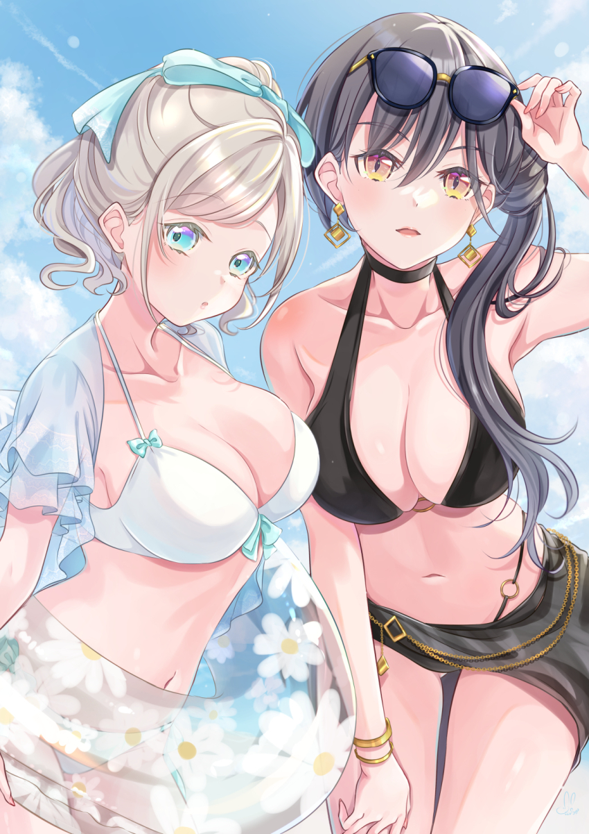 2girls, adjusting_eyewear, arm_up, bare_arms, bare_legs, bikini, black_bikini, black_hair