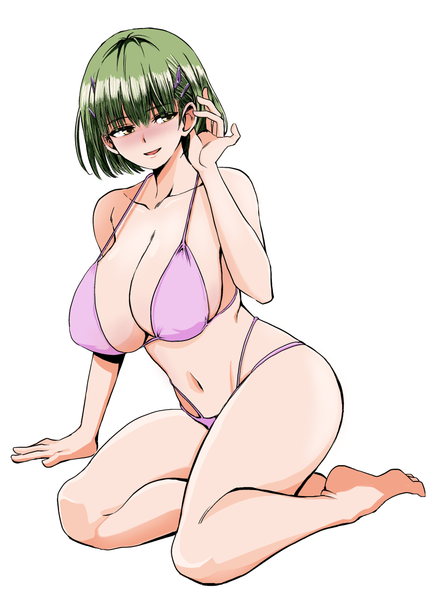 1girl, absurdres, arai_sayaka, bare_shoulders, bikini, blush, breasts, brown_eyes