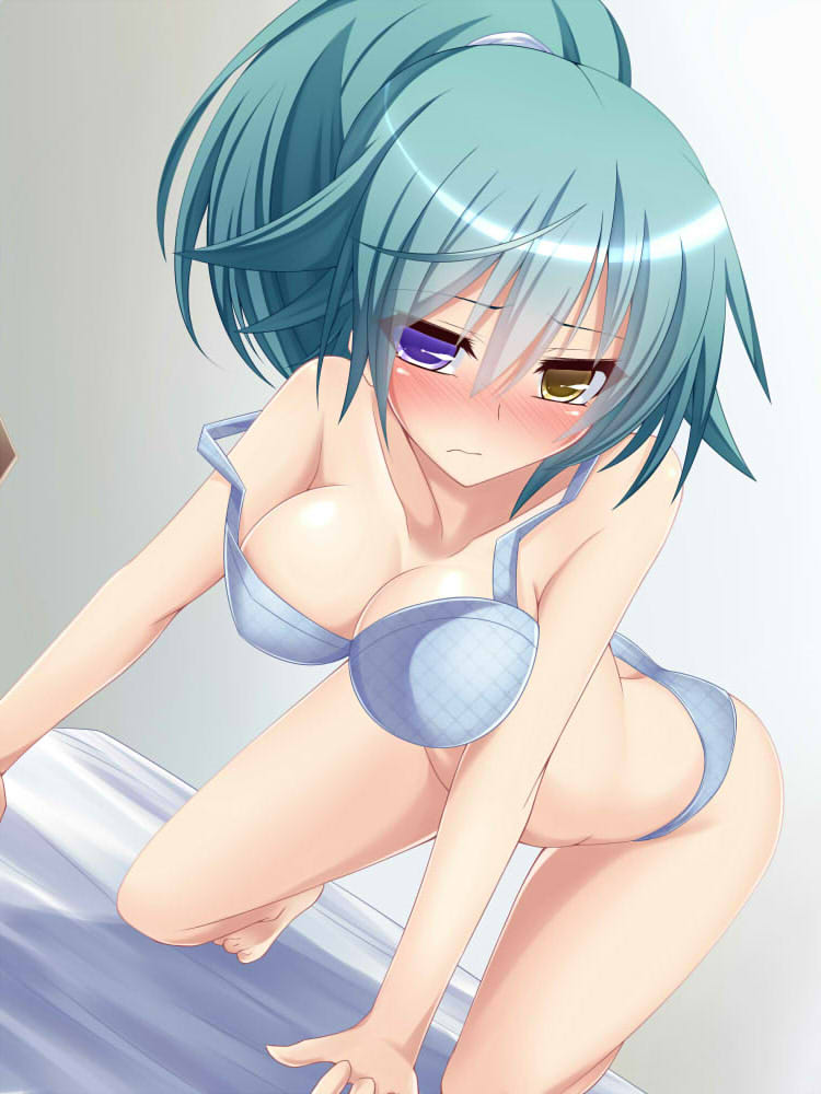 1girl, ass, bad_id, bad_pixiv_id, blue_hair, blush, bra, breasts, cleavage, female_focus, green_hair, hanging_breasts, heterochromia, large_breasts, lingerie, long_hair, off_shoulder, original, panties, ponytail, purple_eyes, rebecca_arcane, solo, strap_slip, suterii, underwear, underwear_only, yellow_eyes