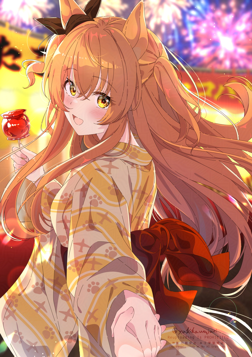 1girl, :d, absurdres, animal_ears, blurry, blurry_background, blush, bow