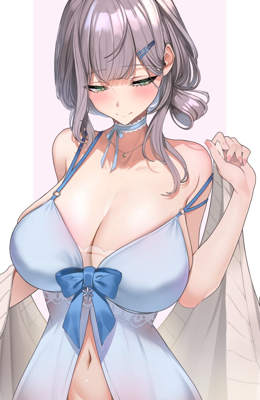 1girl, blush, breasts, cardigan, cleavage, collarbone, green_eyes, grey_hair