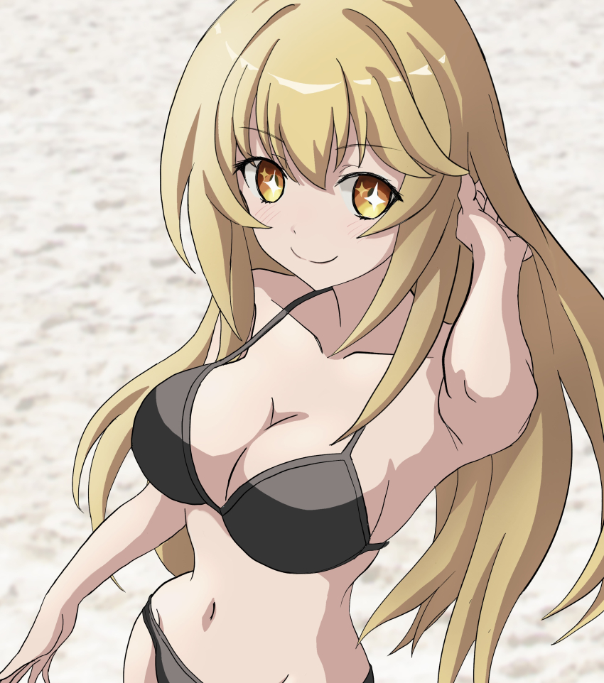 1girl, absurdres, adjusting_hair, alternate_costume, beach, bikini, black_bikini, blonde_hair, breasts, commentary, highres, large_breasts, long_hair, looking_at_viewer, masashimu, navel, outdoors, shokuhou_misaki, smile, solo, sparkling_eyes, swimsuit, toaru_kagaku_no_mental_out, toaru_kagaku_no_railgun, toaru_majutsu_no_index, very_long_hair, yellow_eyes