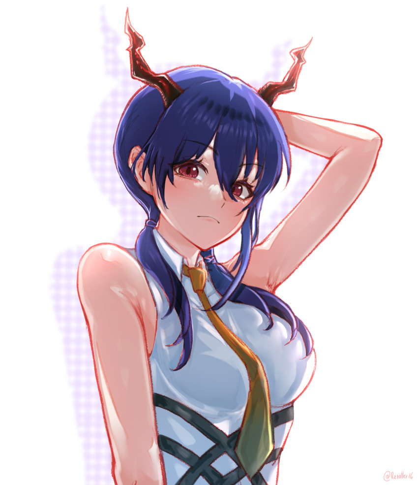 1girl, absurdres, arknights, arm_behind_back, arm_up, bare_shoulders, blue_hair, breasts