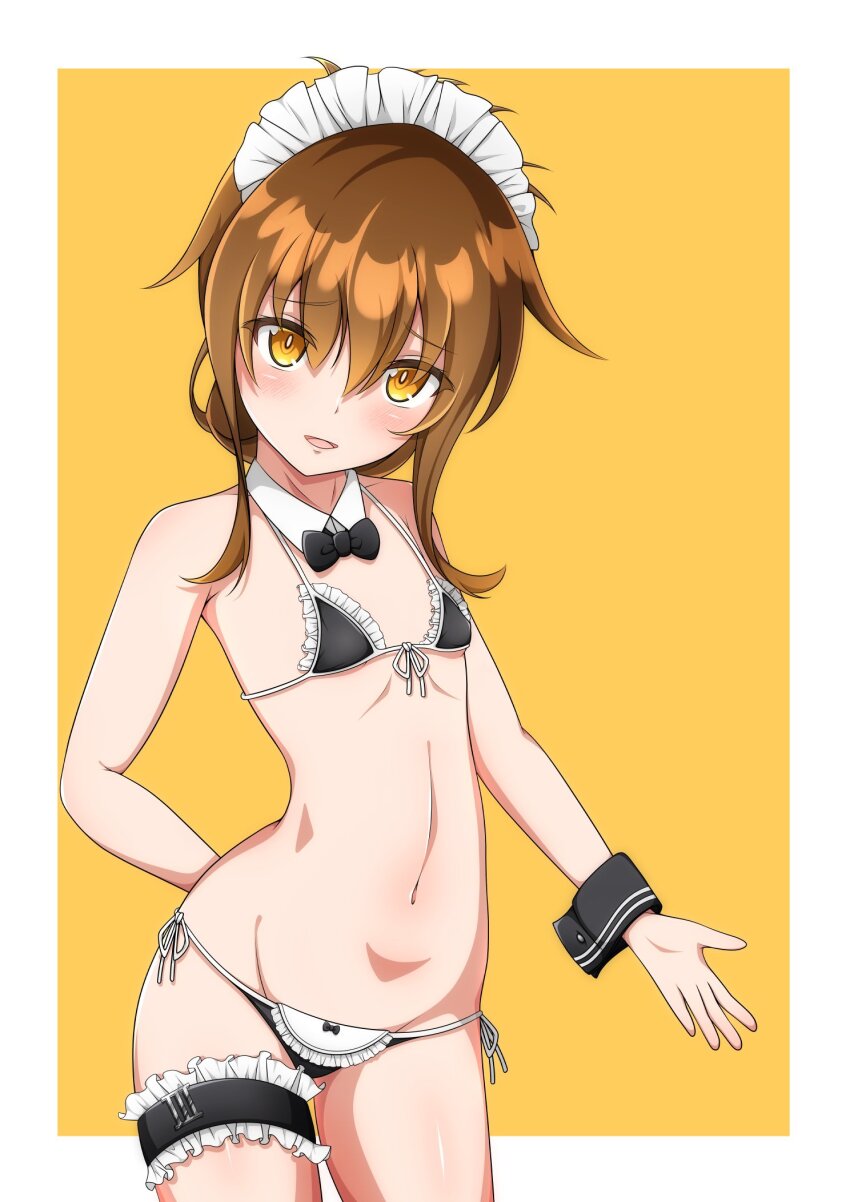1girl, bell_shireikan, bikini, black_bikini, black_bow, black_bowtie, blush, bow, bowtie, brown_background, brown_eyes, brown_hair, character_request, copyright_request, cowboy_shot, flat_chest, frilled_thigh_strap, frills, groin, highres, looking_at_viewer, maid, maid_bikini, maid_headdress, navel, open_mouth, simple_background, solo, stomach, swimsuit, thigh_strap, unconventional_maid, wrist_cuffs