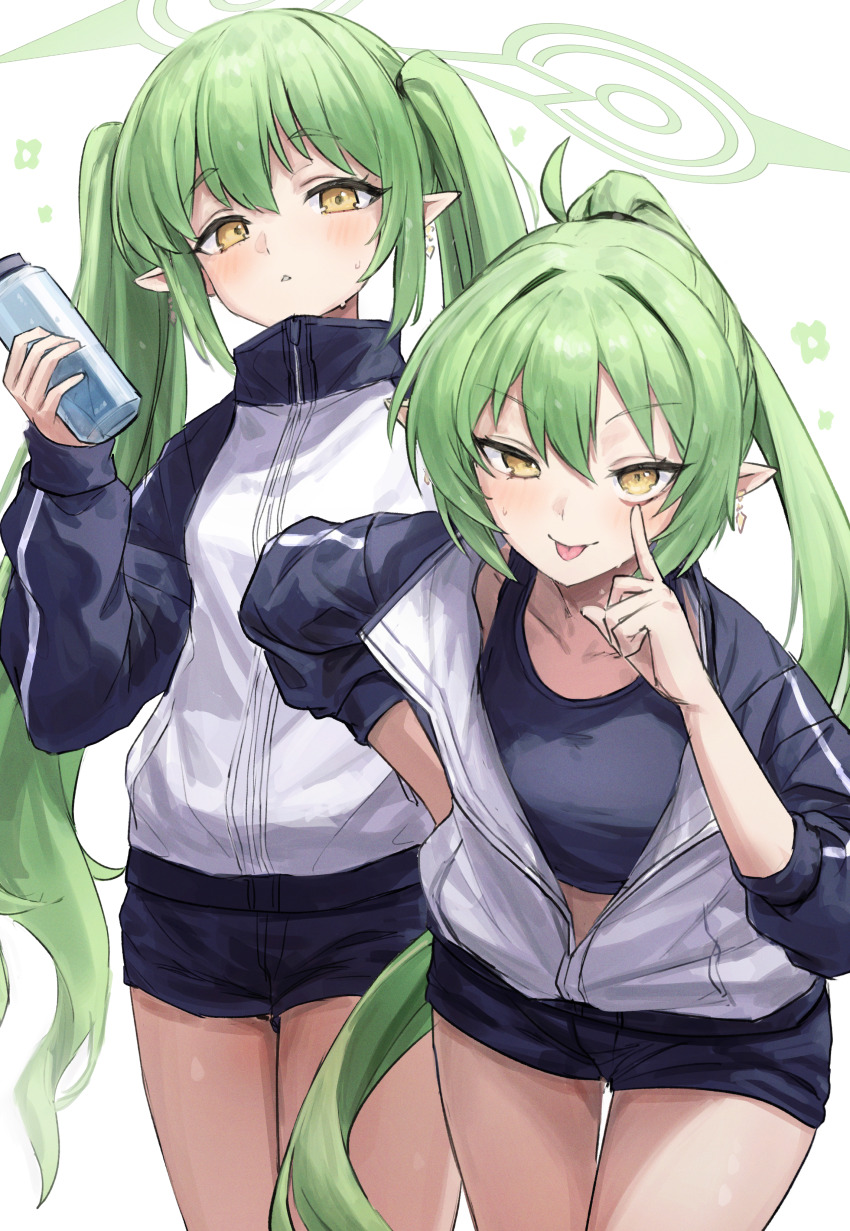 2girls, :p, absurdres, akanbe, alternate_costume, alternate_hairstyle, black_shorts, blue_archive