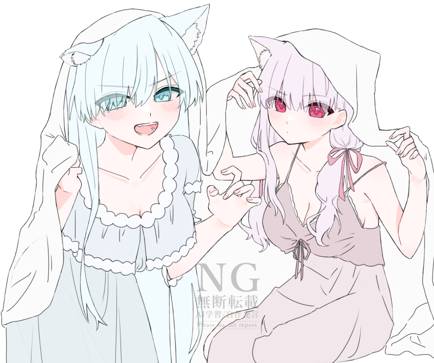 anastasia_(fate), animal_ears, bare_shoulders, blue_eyes, blush, breasts, cat_ears, cleavage