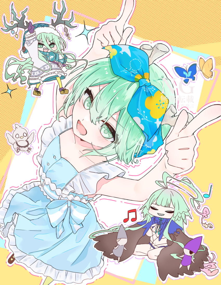3girls, ahoge, antlers, bare_shoulders, beanie, bird, blue_dress, blue_hat