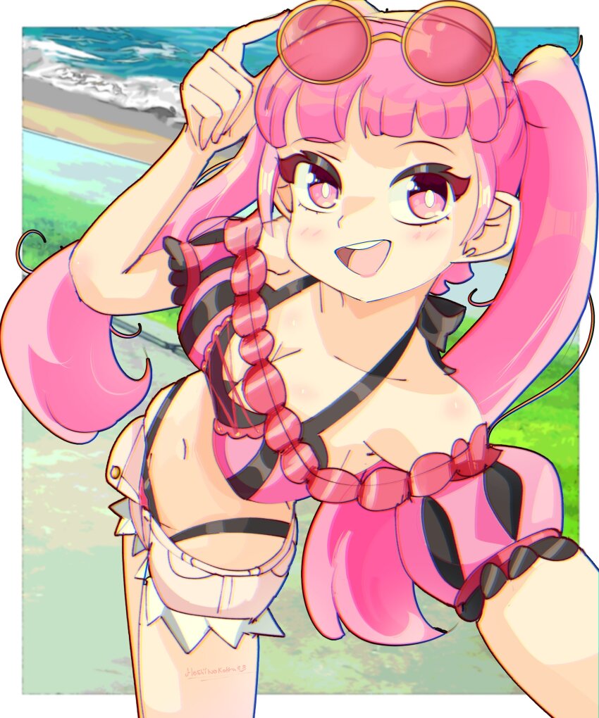 1girl, absurdres, bare_shoulders, beach, bikini, bikini_bottom_under_shorts, bikini_under_clothes, blush