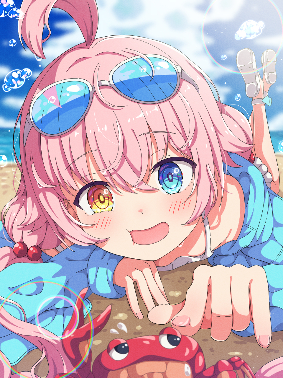 1girl, ahoge, ankle_strap, beach, bikini, blue_archive, blue_eyes, blue_jacket