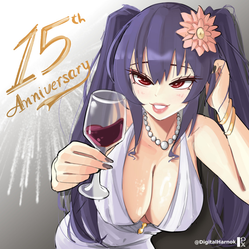 1girl, adjusting_hair, alternate_costume, anniversary, arm_up, bare_shoulders, black_hair, breasts