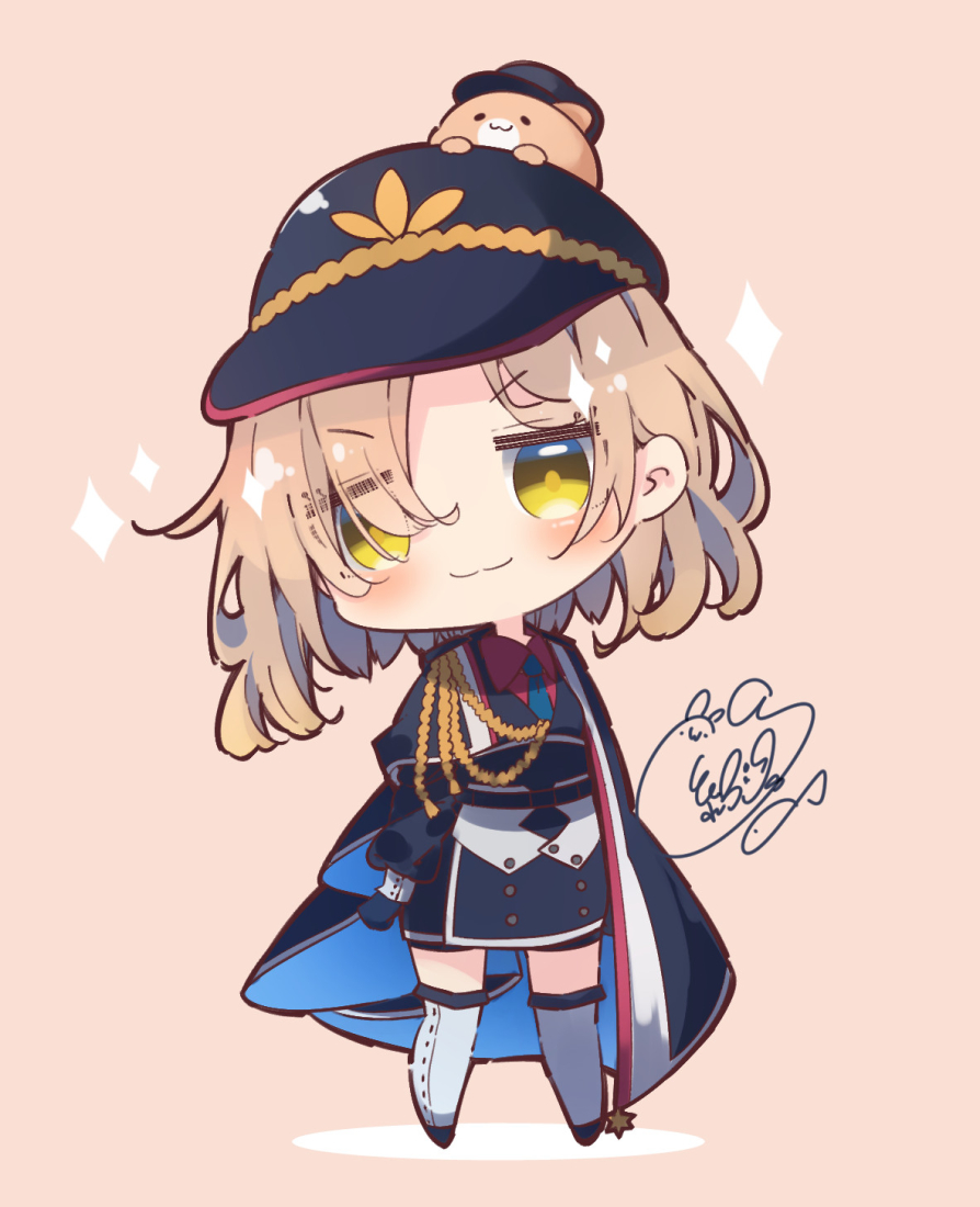 1girl, animal, animal_on_head, beni_shake, black_gloves, black_hat, black_jacket, black_skirt