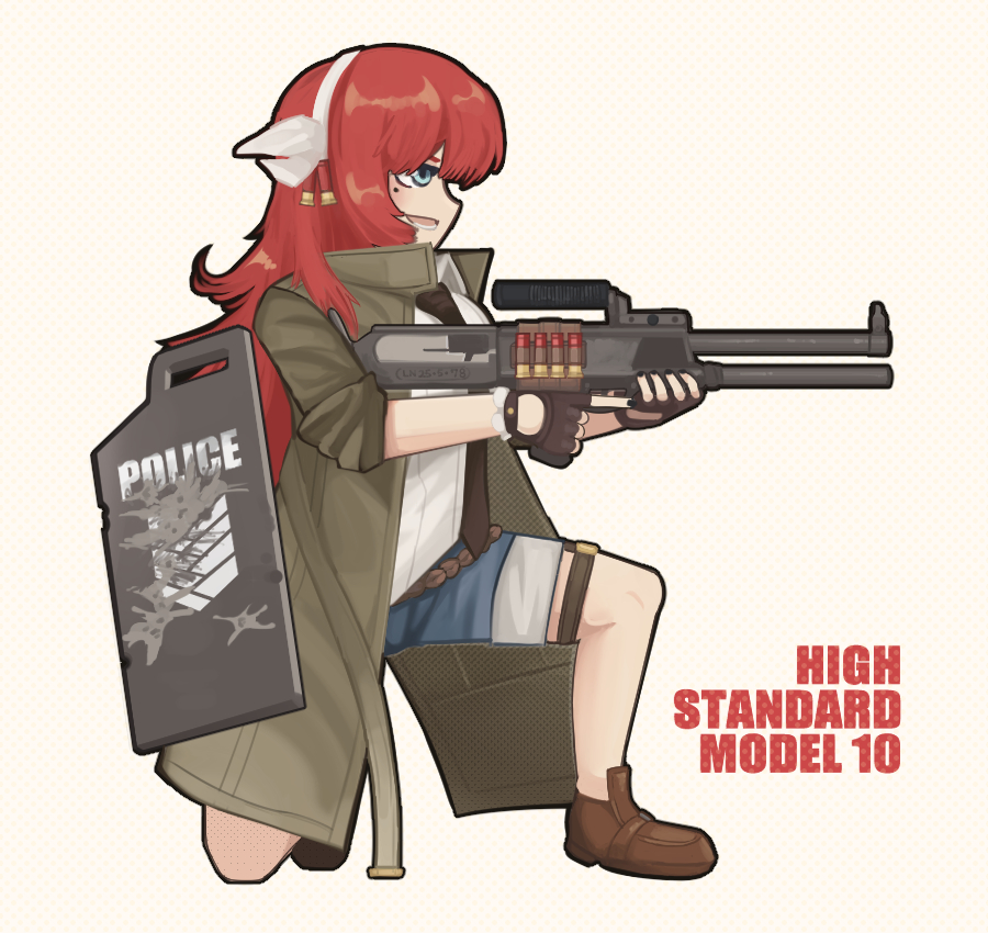 1girl, black_necktie, blue_shorts, brown_shoes, bullpup, character_name, coat, collared_shirt