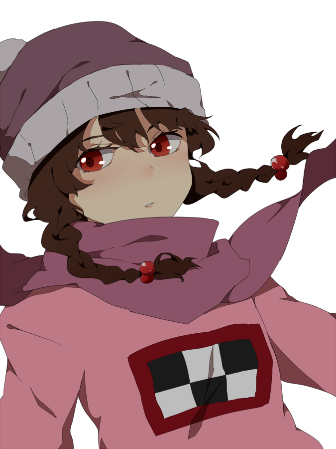 1girl, beanie, braid, brown_hair, female_focus, hair_bobbles, hair_ornament, hat, madotsuki, monyo, pink_shirt, pom_pom_(clothes), pom_pom_beanie, red_eyes, scarf, shirt, simple_background, solo, twin_braids, white_background, yume_nikki