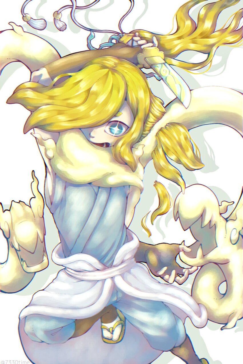 1boy, arm_up, blonde_hair, blue_eyes, brown_gloves, chimetarou_(7330time), fingerless_gloves, gloves