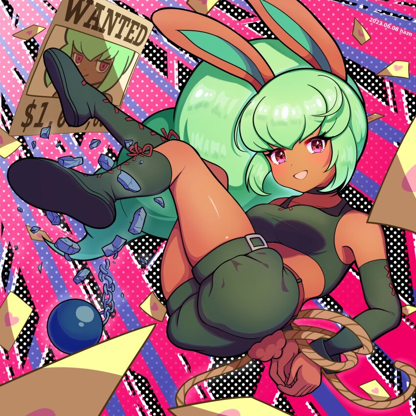 1girl, animal_ears, black_boots, black_shirt, black_shorts, black_sleeves, boots, bunny_mint