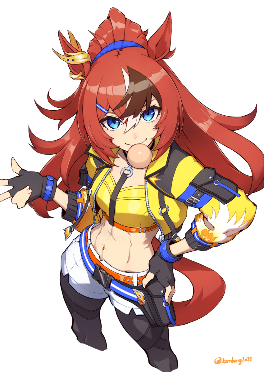 1girl, animal_ears, black_gloves, black_pantyhose, blue_eyes, breasts, brown_hair, bubble_gum_fellow_(umamusume)