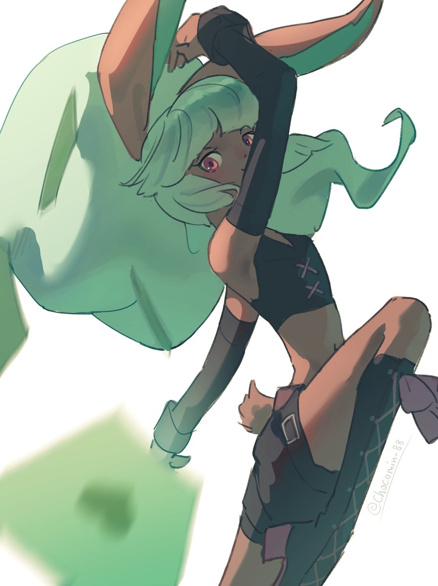 1girl, animal_ears, artist_name, black_boots, black_shirt, black_shorts, black_sleeves, blurry