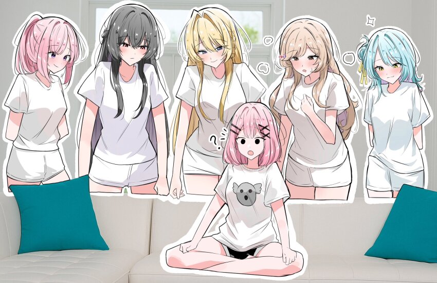 6+girls, amaori_haruna, amaori_renako, animal_print, aqua_hair, black_hair, blonde_hair, braid, brown_hair, couch, crossed_bangs, female_focus, flipped_hair, flower_hairpin, hair_between_eyes, hair_bun, hair_intakes, hair_ornament, hair_ribbon, hairclip, half_up_braid, harem, highres, indoors, jay_jay1519, koto_satsuki, koyanagi_kaho, long_hair, meme, multiple_girls, nape_braid, ouzuka_mai, parallel_hairclips, pink_hair, piper_perri_surrounded_(meme), ponytail, ribbon, sena_ajisai, shirt, short_sleeves, shorts, siblings, sidelocks, single_hair_bun, single_side_bun, sisters, swept_bangs, t-shirt, very_long_hair, watashi_ga_koibito_ni_nareru_wake_naijan_murimuri!, wavy_hair, white_shirt, x_hair_ornament, yellow_ribbon, yuri