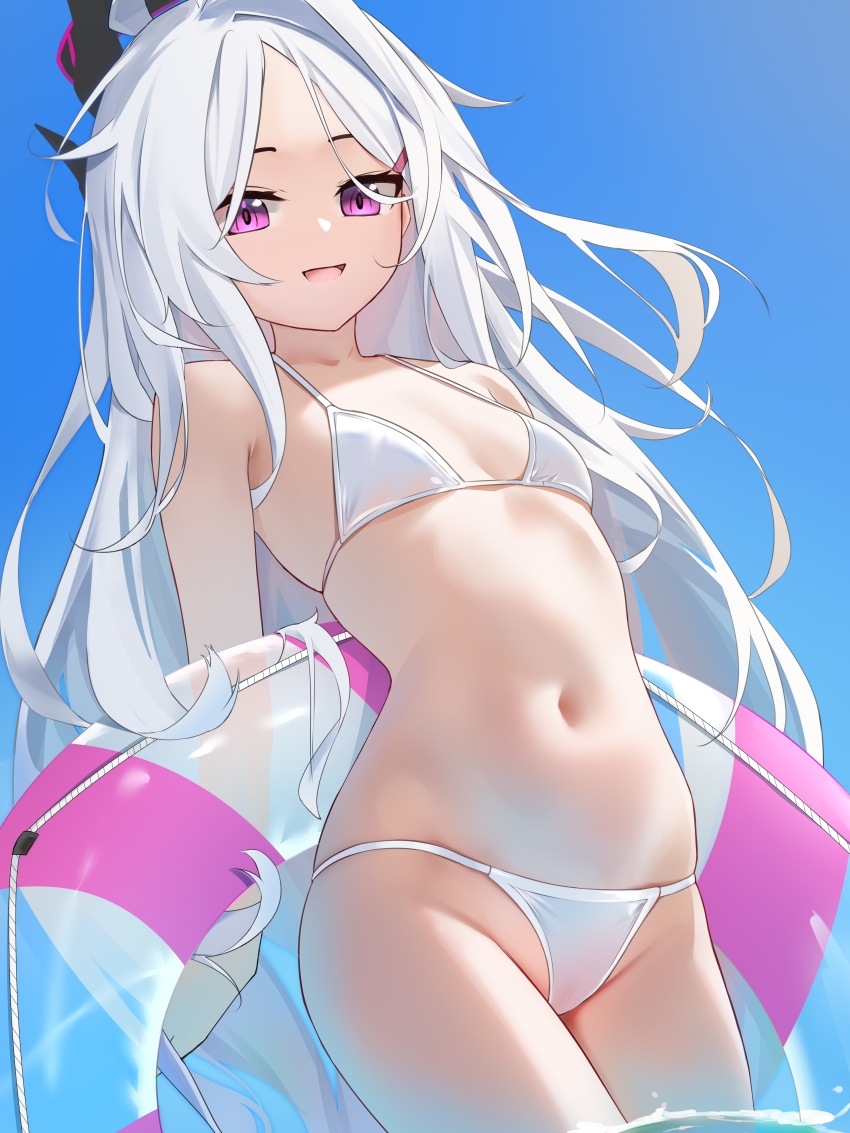1girl, absurdres, alternate_costume, arms_behind_back, bare_shoulders, bikini, black_halo, black_horns, blue_archive, blue_sky, blush, breasts, clear_sky, commentary_request, cowboy_shot, day, demon_girl, demon_horns, from_below, hair_ornament, hairclip, halo, highres, hina_(blue_archive), holding, holding_swim_ring, horns, innertube, kotoha_(kotoha65), loli, long_hair, looking_at_viewer, navel, missing_wings, open_mouth, purple_eyes, simple_background, sky, small_breasts, smile, solo, standing, stomach, striped_innertube, swim_ring, swimsuit, thighs, transparent_innertube, very_long_hair, white_background, white_bikini, white_hair