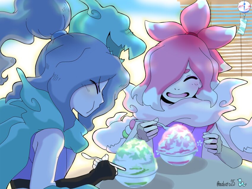 2boys, artist_name, black_gloves, closed_eyes, colored_tips, fingerless_gloves, food, gloves