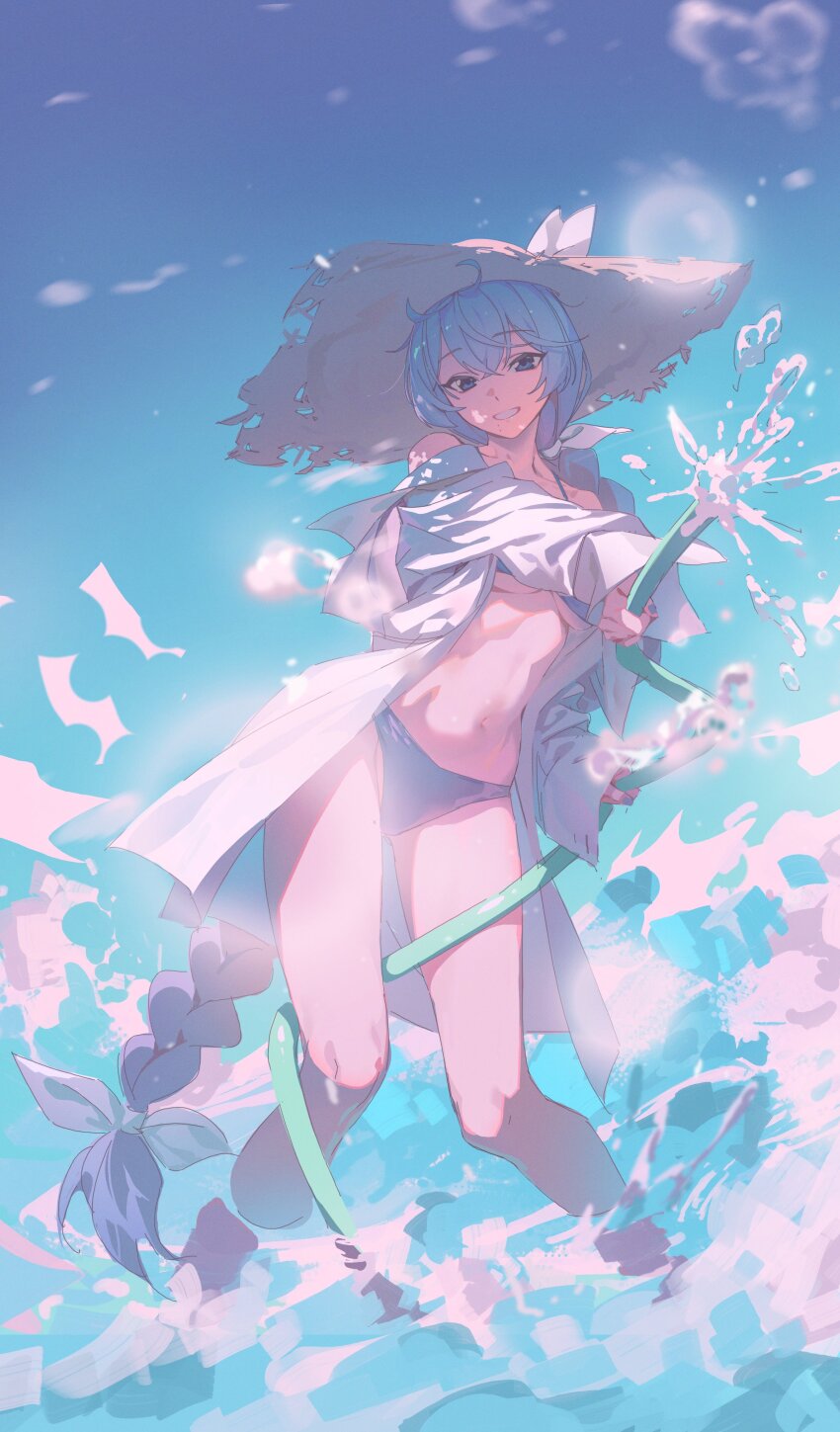 1girl, absurdres, anila_(counter:side), bikini, blue_bikini, blue_eyes, blue_hair, blue_sky