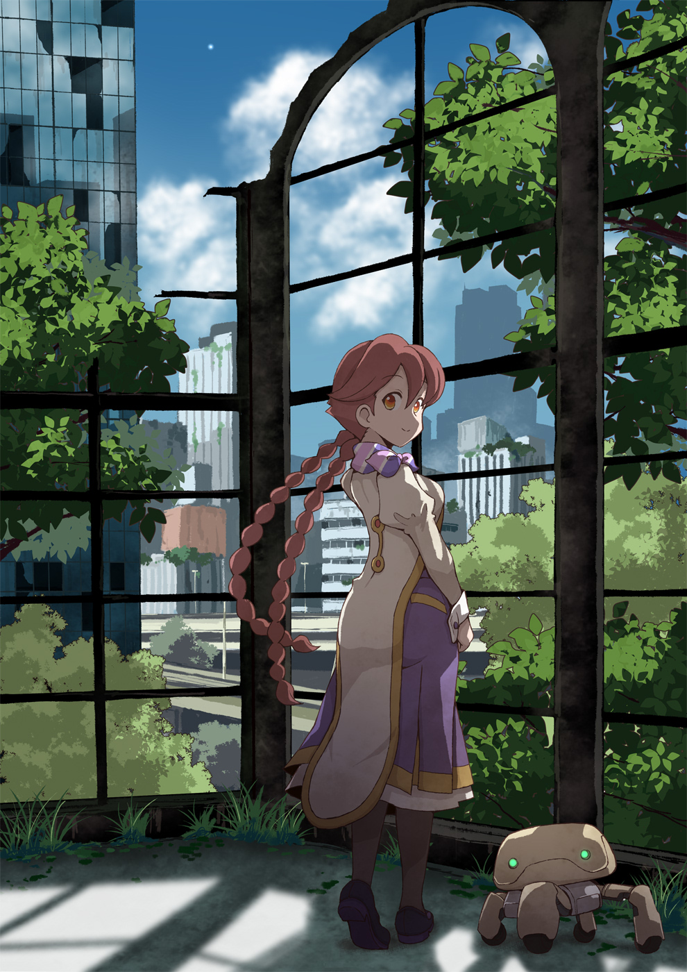 1girl, apocalypse_hotel, black_shoes, bow, bowtie, braid, brown_eyes, building