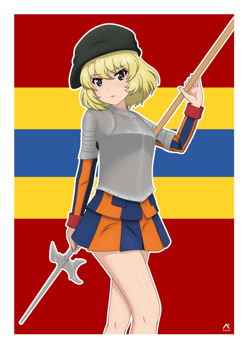 1girl, absurdres, acrux, armor, blonde_hair, blush, brown_eyes, cyuuritsu_school_uniform, girls_und_panzer, hat, highres, looking_at_viewer, miniskirt, open_mouth, pike_(weapon), polearm, senju_(girls_und_panzer), short_hair, skirt, solo, weapon