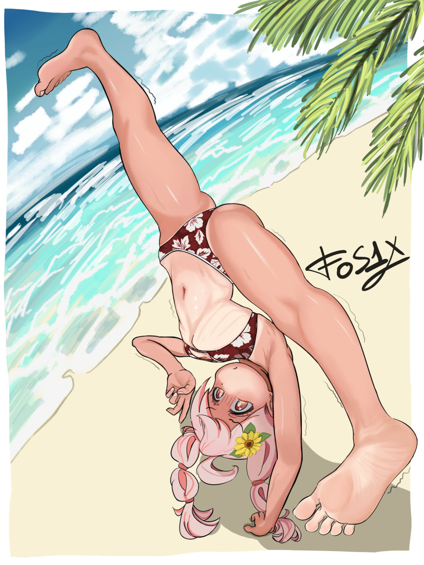 absurdres, barefoot, beach, bikini, fos1x, handstand, highres, loli, onii-chan_wa_oshimai!, oyama_mahiro, pink_hair, stomach, swimsuit, tan, tanline