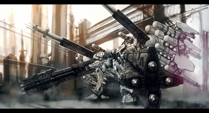 armored_core, armored_core:_for_answer, boosters, building, cannon, city, fuel_tank, highres