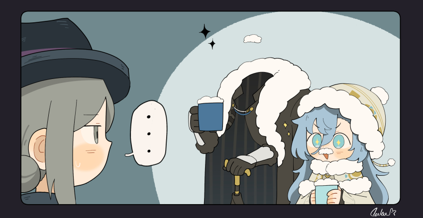 +_+, 1boy, 2girls, 37_(maidjump_goods_cafe)_(reverse:1999), 37_(reverse:1999), :d, a_knight_(reverse:1999), beanie