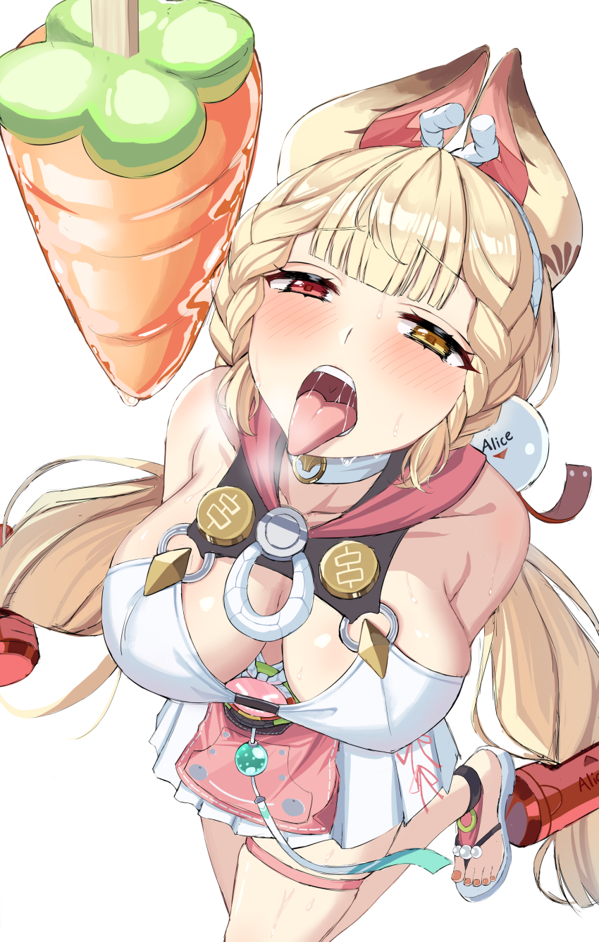 1girl, absurdres, alice_thymefield, alice_thymefield_(sea_of_thyme), animal_ears, blonde_hair, blush, breasts, carrot, cleavage, hair_ornament, heterochromia, highres, jishui3q, large_breasts, long_hair, looking_at_viewer, low_twintails, nail_polish, official_alternate_costume, one-piece_swimsuit, open_mouth, pink_nails, rabbit_ears, rabbit_girl, red_eyes, sandals, sphere_hair_ornament, swimsuit, teeth, thigh_strap, toenail_polish, toenails, tongue, tongue_out, twintails, upper_teeth_only, very_long_hair, white_one-piece_swimsuit, white_sandals, yellow_eyes, zenless_zone_zero