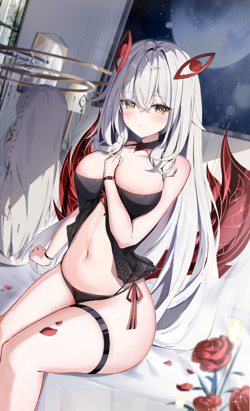 2girls, absurdres, bare_shoulders, black_panties, blush, breasts, closed_mouth, commentary_request, fingernails, flower, genshin_impact, grey_hair, hair_between_eyes, halo, highres, indoors, istaroth_(genshin_impact), large_breasts, long_hair, looking_at_viewer, multiple_girls, navel, panties, petals, red_flower, red_petals, ronova_(genshin_impact), sitting, stomach, thigh_strap, underwear, very_long_hair, yellow_eyes, yeni1871