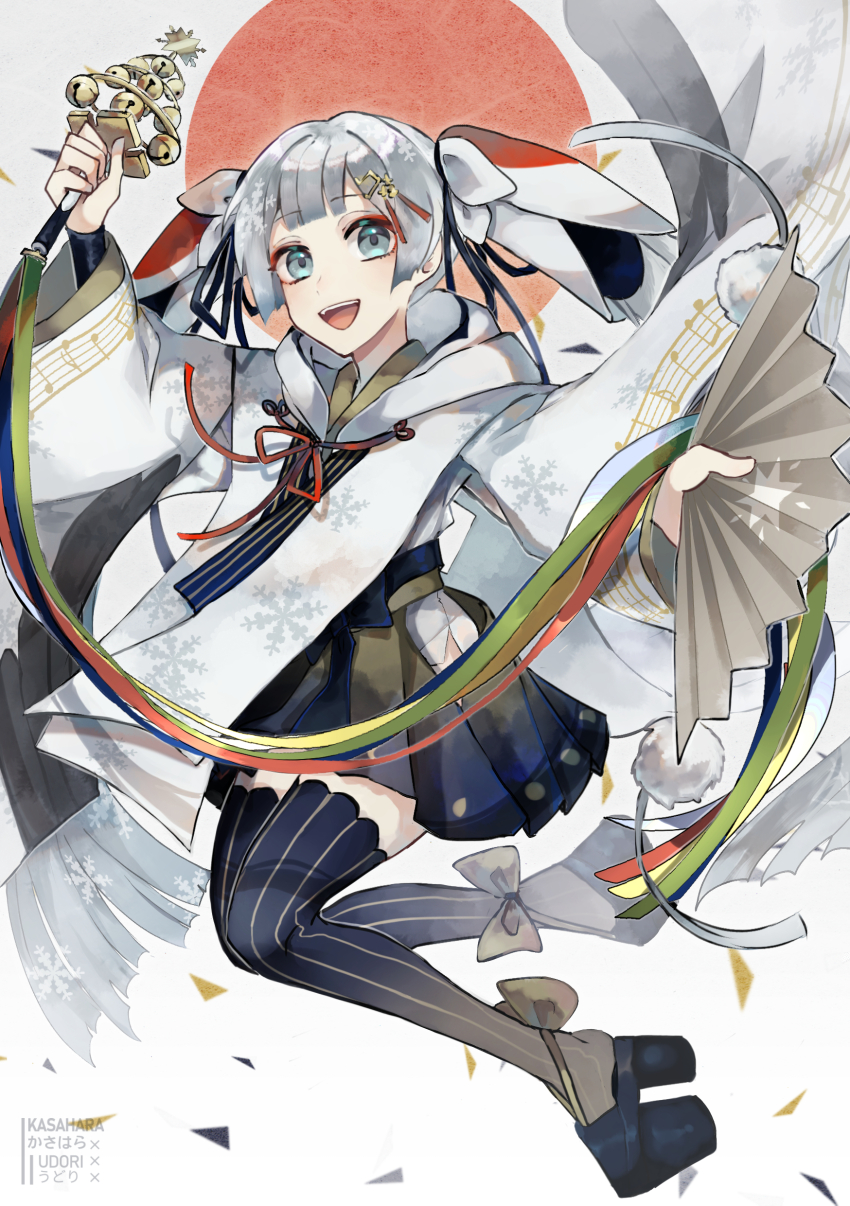 1girl, absurdres, bell, black_skirt, black_thighhighs, chihaya_(clothing), fortissimo, green_eyes